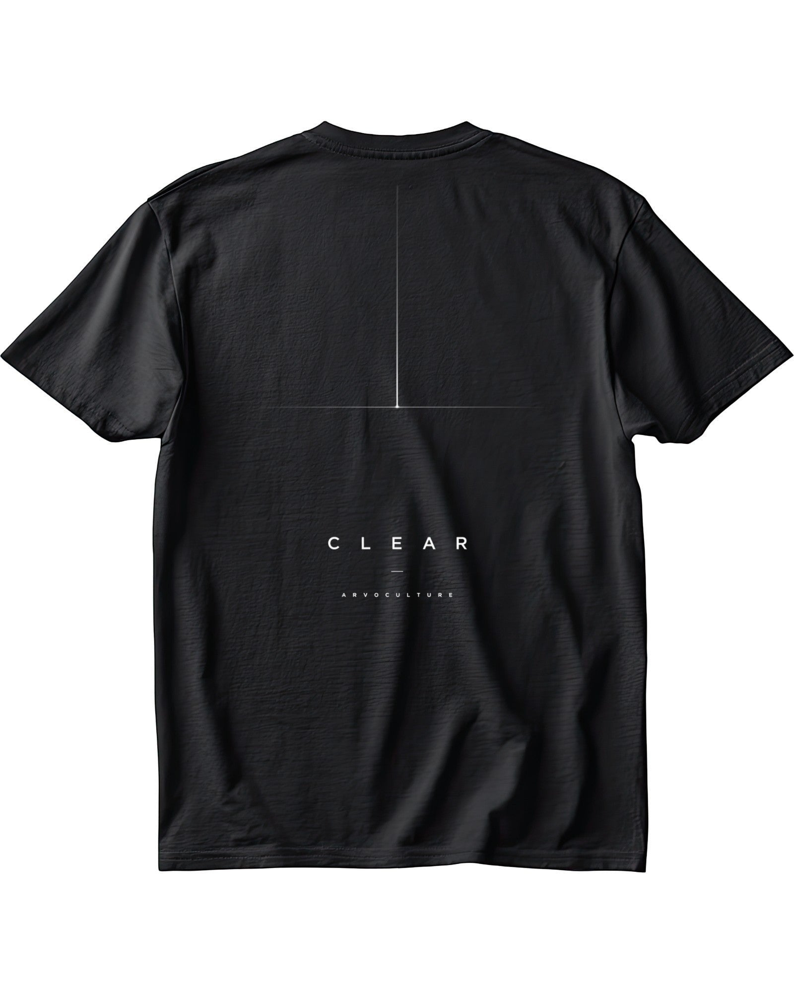ArvoCulture siyah pamuklu oversize tişört, üzerinde minimalist beyaz 'CLEAR' ve 'ARVOCULTURE' yazısı ile ince çizgili grafik.