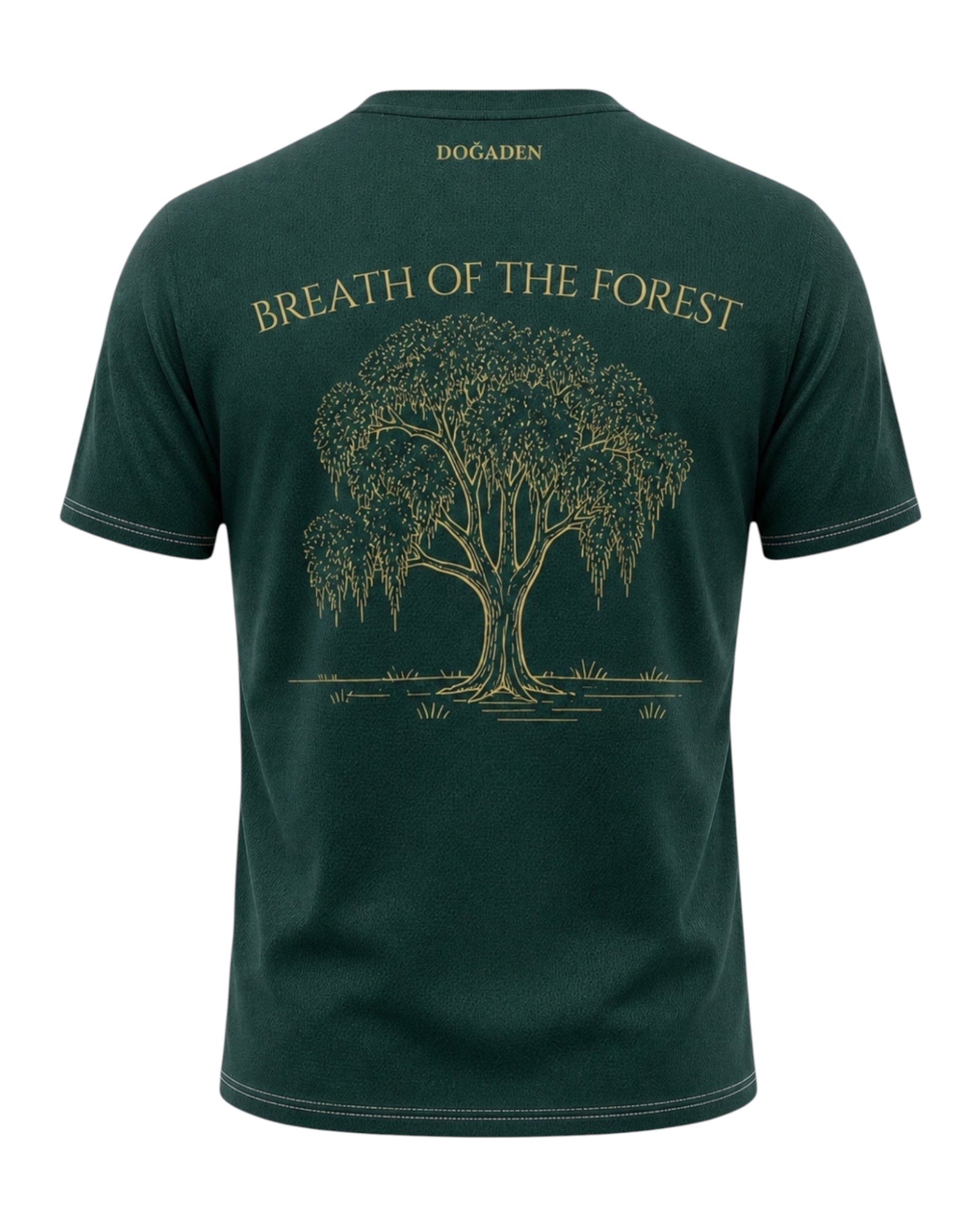 ArvoCulture markalı, yeşil, pamuklu, bisiklet yaka, kısa kollu tişört. Sırtında altın rengi "BREATH OF THE FOREST" yazısı ve ağaç deseni bulunur.