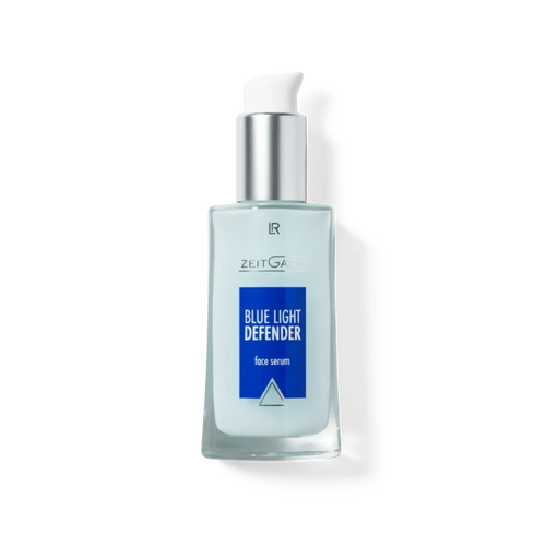 ArvoCulture Zeitgard Blue Light Defender face serum in a light blue bottle with a silver pump. Protects skin from digital screen blue light.