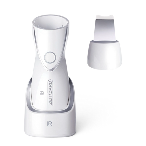 ArvoCulture LR ZEITGARD Pro white facial cleansing device with peeling attachment, promotes smoother, revitalized skin.