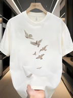 ERKEK Bisiklet yaka Tişört Özgür kuşlar Baskılı kısa kol T-shirt - Beyaz
