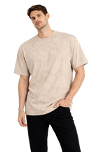 Erkek Asit Yıkama Bisiklet Yaka Kısa Kollu Oversize T-Shirt Tişört - Bej