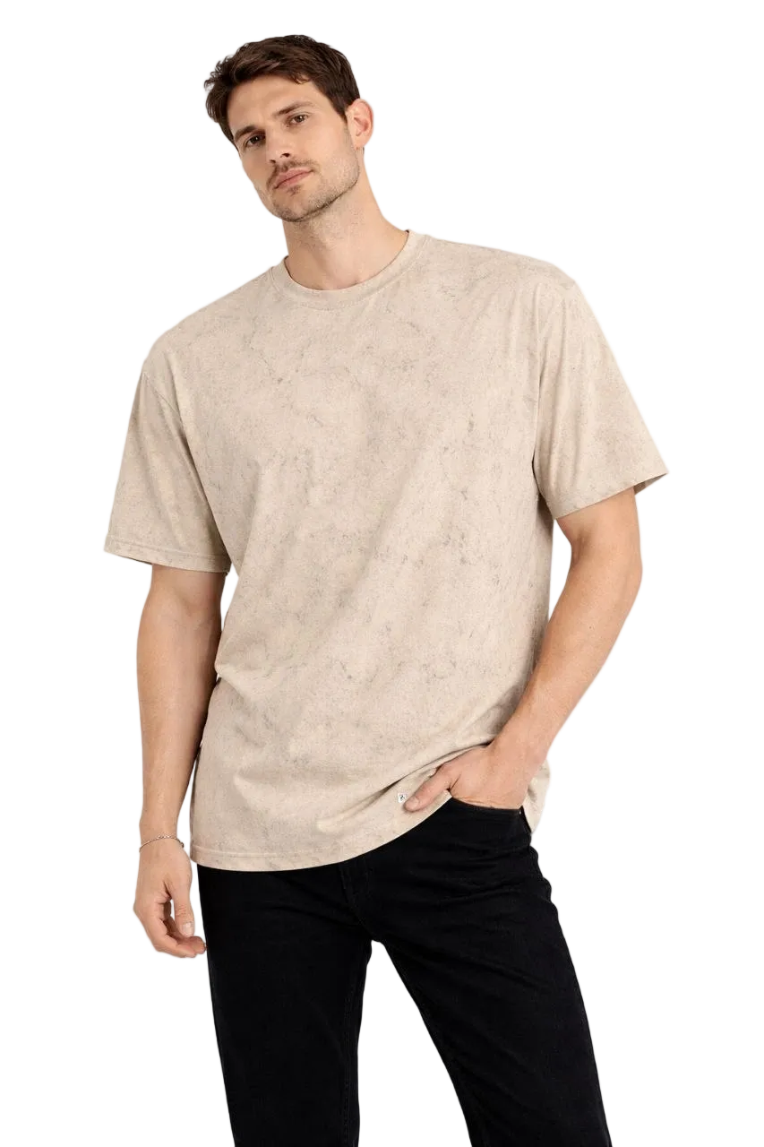 Erkek Asit Yıkama Bisiklet Yaka Kısa Kollu Oversize T-Shirt Tişört - Bej