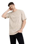 Erkek Asit Yıkama Bisiklet Yaka Kısa Kollu Oversize T-Shirt Tişört - Bej