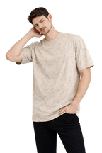Erkek Asit Yıkama Bisiklet Yaka Kısa Kollu Oversize T-Shirt Tişört - Bej