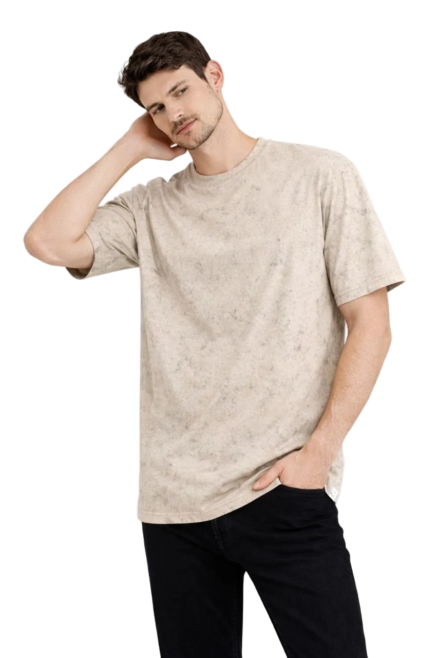 Erkek Asit Yıkama Bisiklet Yaka Kısa Kollu Oversize T-Shirt Tişört - Bej