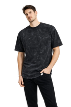 Erkek Asit Yıkama Bisiklet Yaka Kısa Kollu Oversize T-Shirt Tişört - Siyah