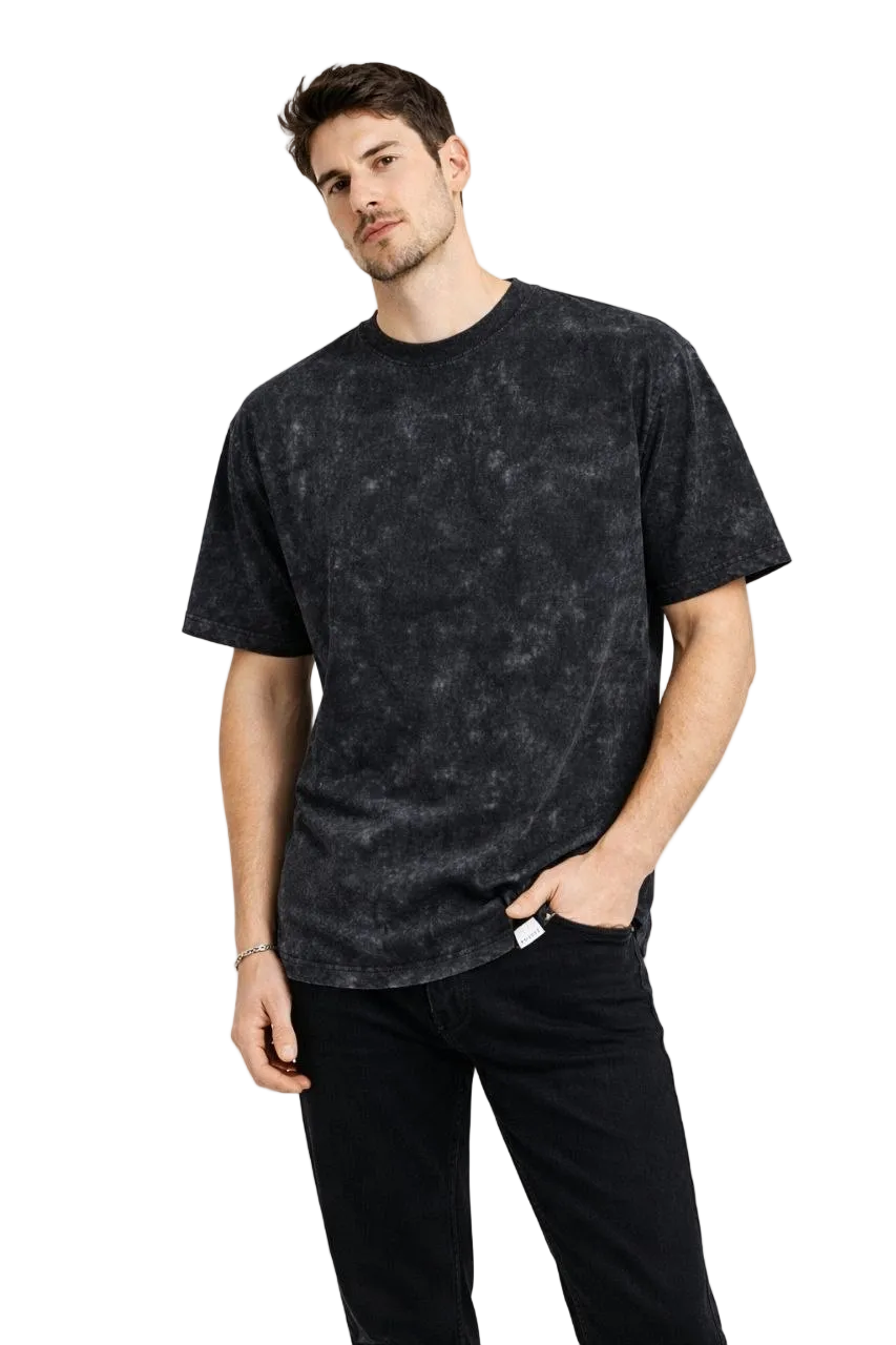 Erkek Asit Yıkama Bisiklet Yaka Kısa Kollu Oversize T-Shirt Tişört - Siyah