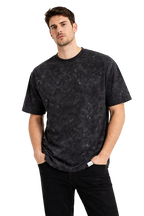 Erkek Asit Yıkama Bisiklet Yaka Kısa Kollu Oversize T-Shirt Tişört - Siyah