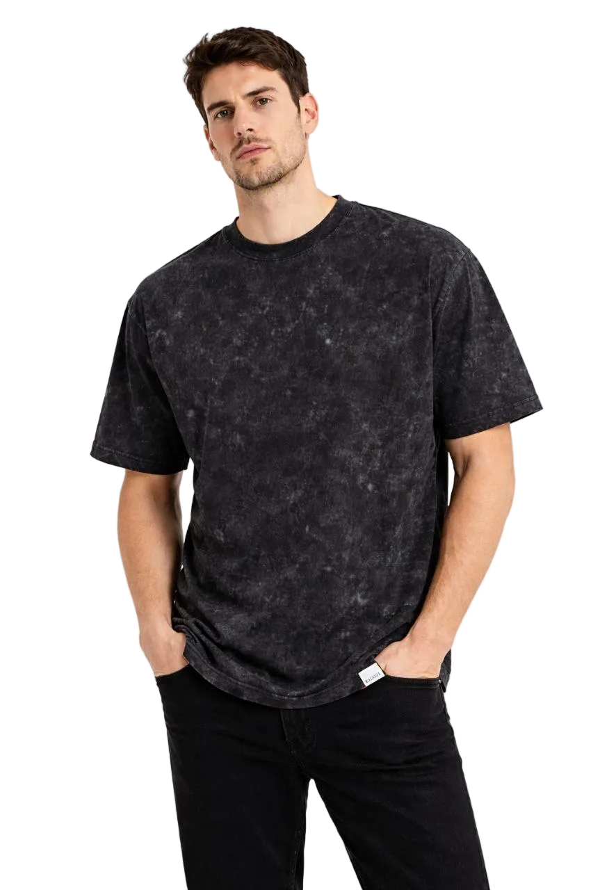 Erkek Asit Yıkama Bisiklet Yaka Kısa Kollu Oversize T-Shirt Tişört - Siyah