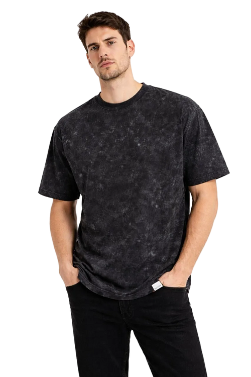 Erkek Asit Yıkama Bisiklet Yaka Kısa Kollu Oversize T-Shirt Tişört - Siyah
