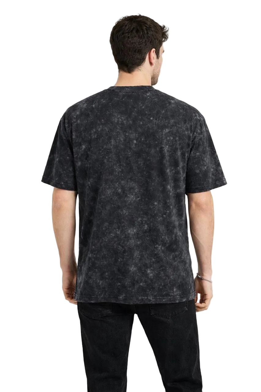 Erkek Asit Yıkama Bisiklet Yaka Kısa Kollu Oversize T-Shirt Tişört - Siyah