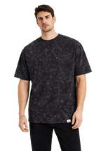Erkek Asit Yıkama Bisiklet Yaka Kısa Kollu Oversize T-Shirt Tişört - Siyah