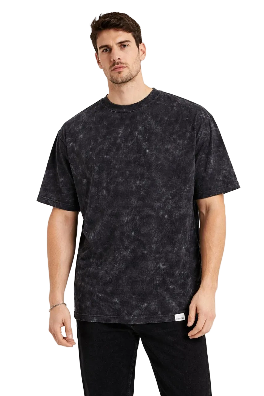 Erkek Asit Yıkama Bisiklet Yaka Kısa Kollu Oversize T-Shirt Tişört - Siyah